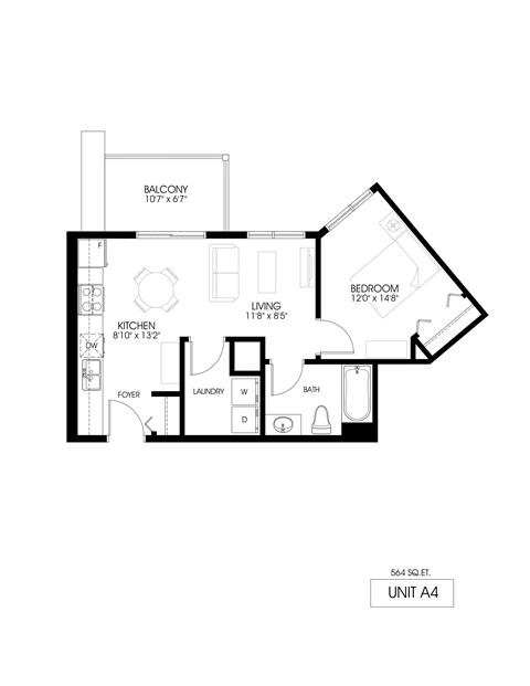 Floor plan for 1 bed, 1 bath, 564 sqft